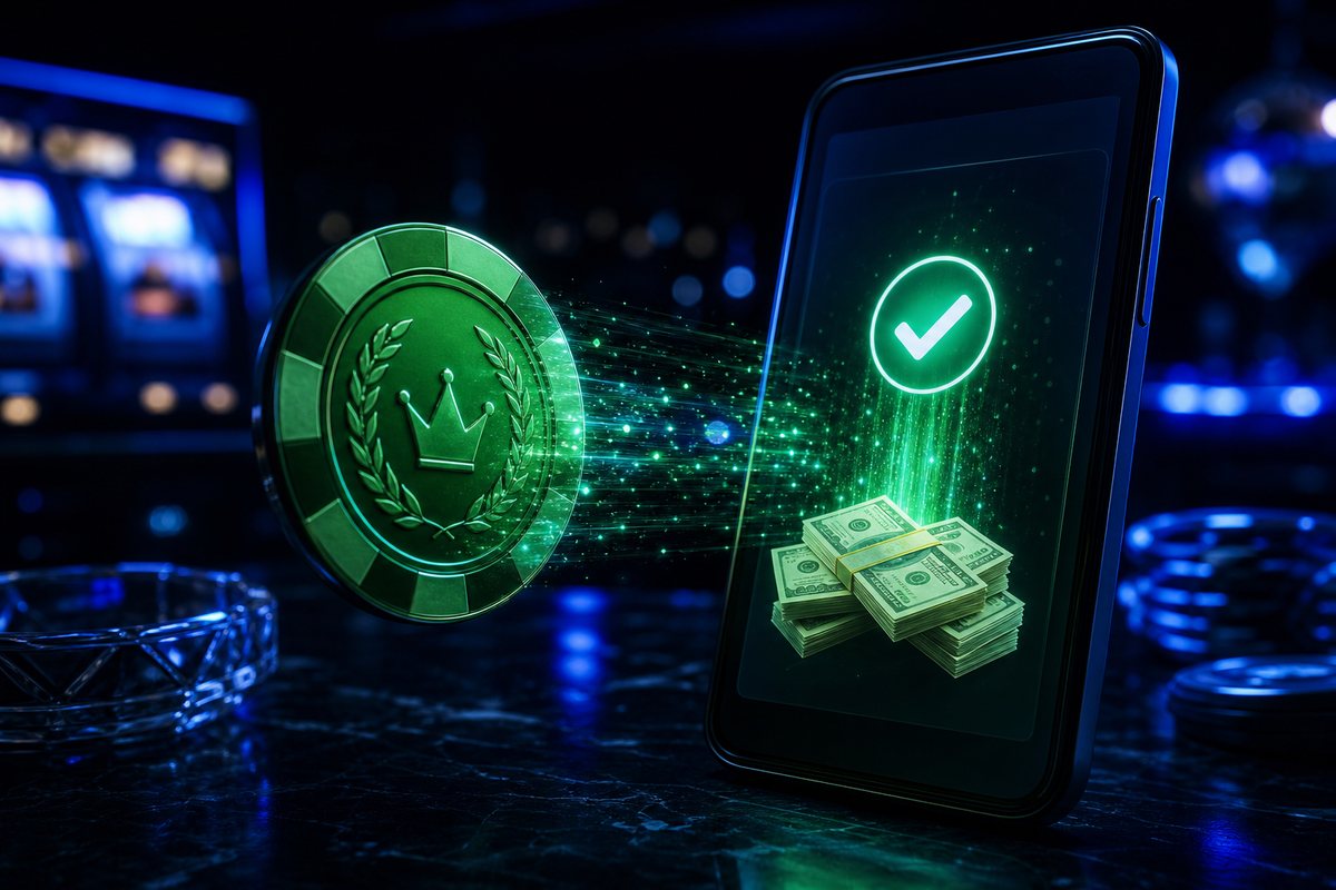 Green sweeps coin transforming into a redeemed cash prize notification on a smartphone cashier screen