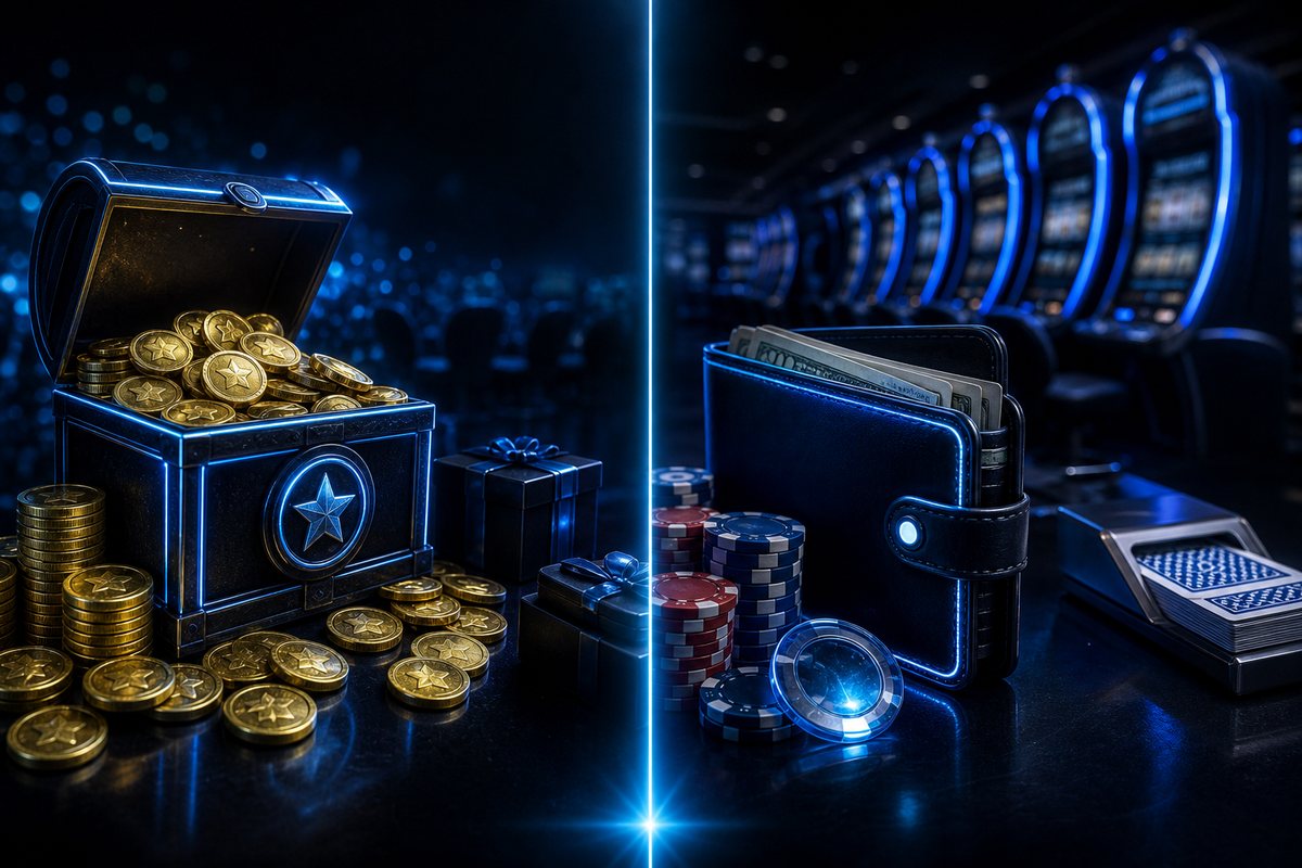 Split screen contrasting a coin-based sweepstakes lobby against a licensed online casino cashier with cash balance