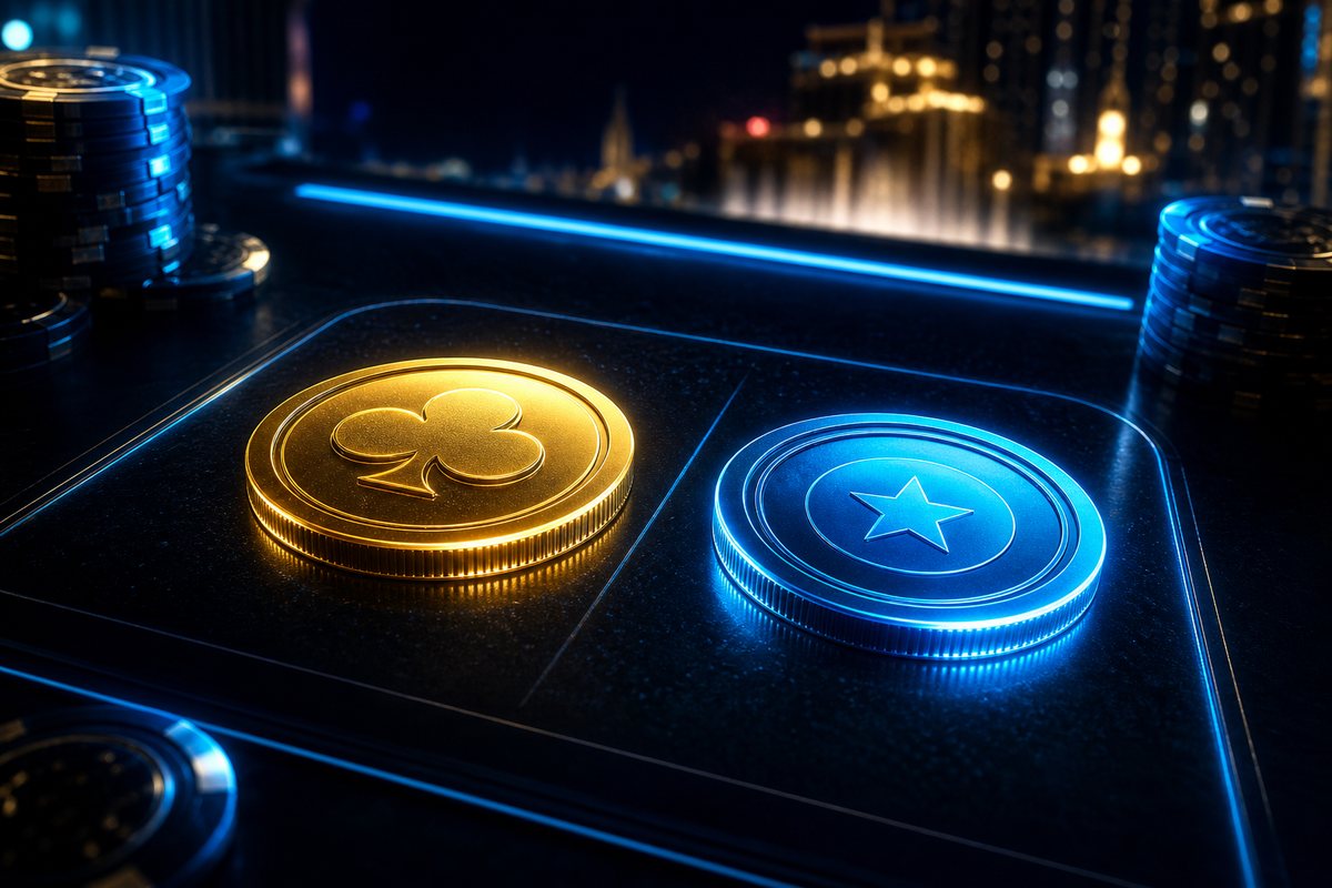 Two glowing coin types on a dark board illustrating the sweepstakes casino dual-currency system